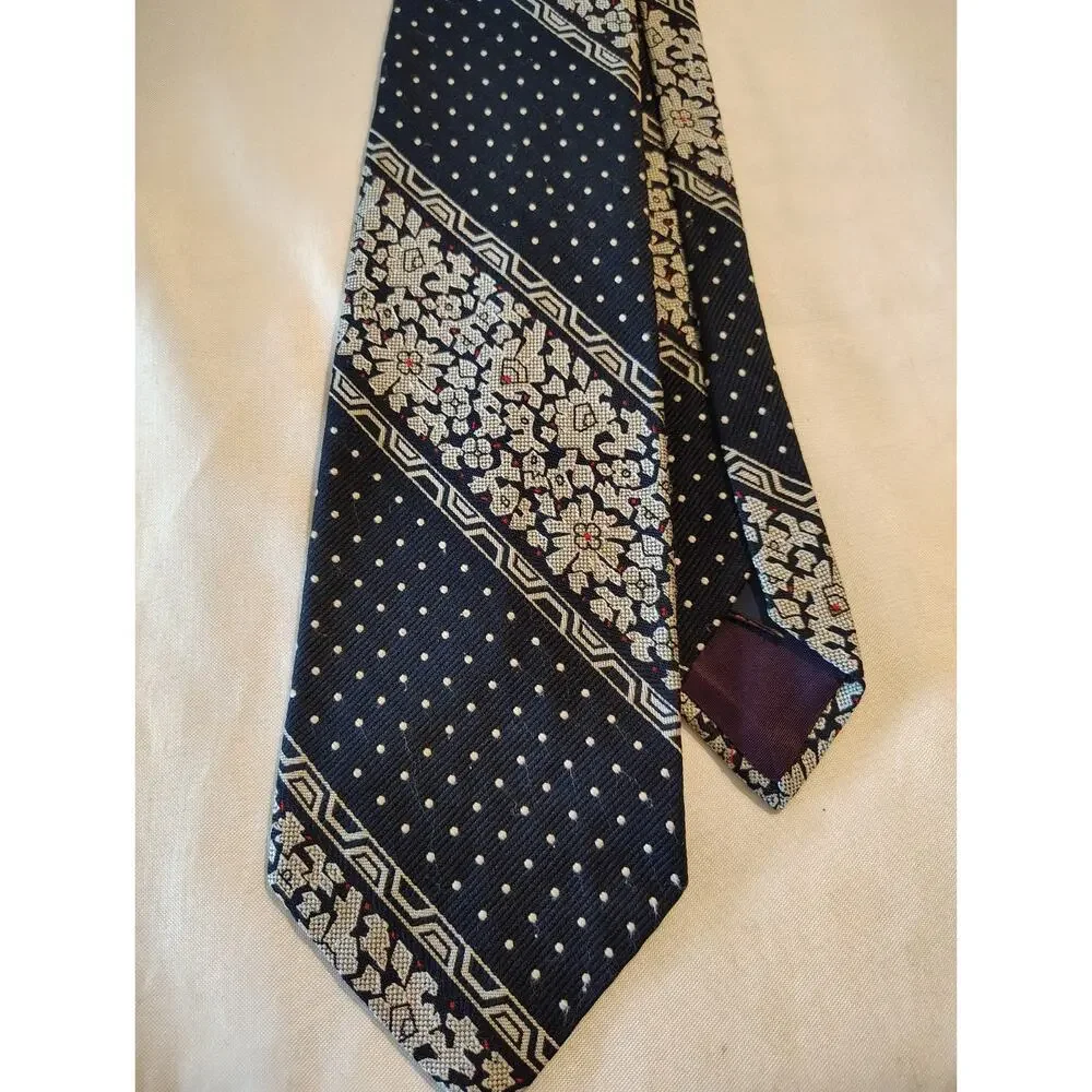 Vintage 1970s Navy Blue Dots Floral Geometric Bands Necktie 56
